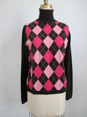 Dark Brown Cashmere Turtleneck Sweater Pink Argyle